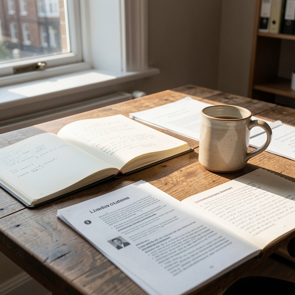 Editorial portrait of a woman writing in a notebook at a wooden desk under soft natural light, stacks of reference books visible in background