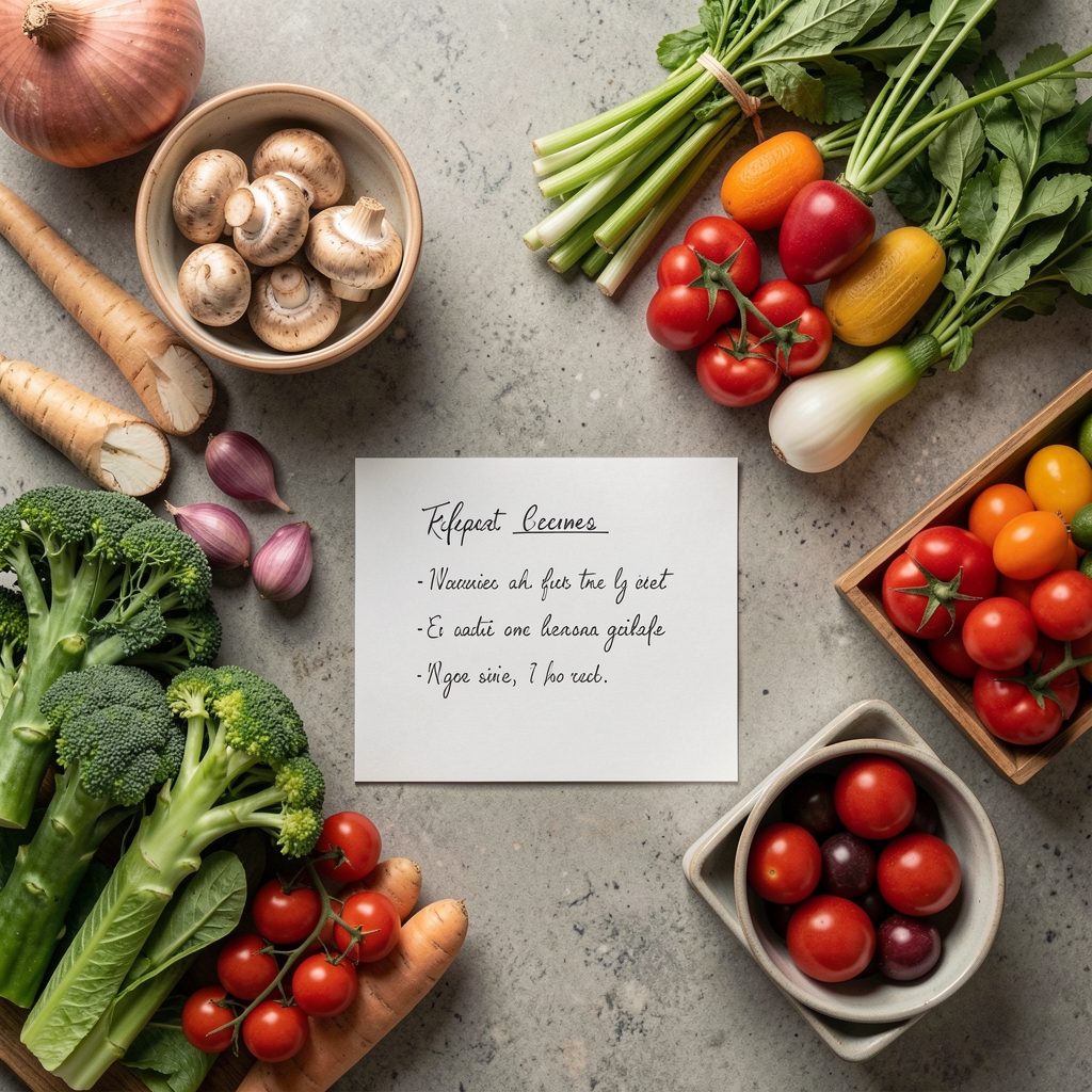 Overhead view of a kitchen counter arranged with seasonal vegetables, small ceramic bowls and a handwritten recipe note, considered editorial composition