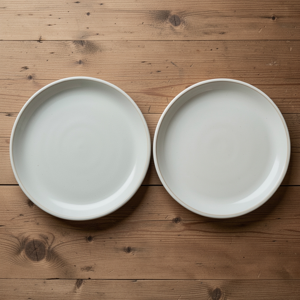 Two ceramic plates side by side on a wooden table, one with a large unstructured portion and one with a considered smaller arrangement, editorial overhead perspective in diffused natural light