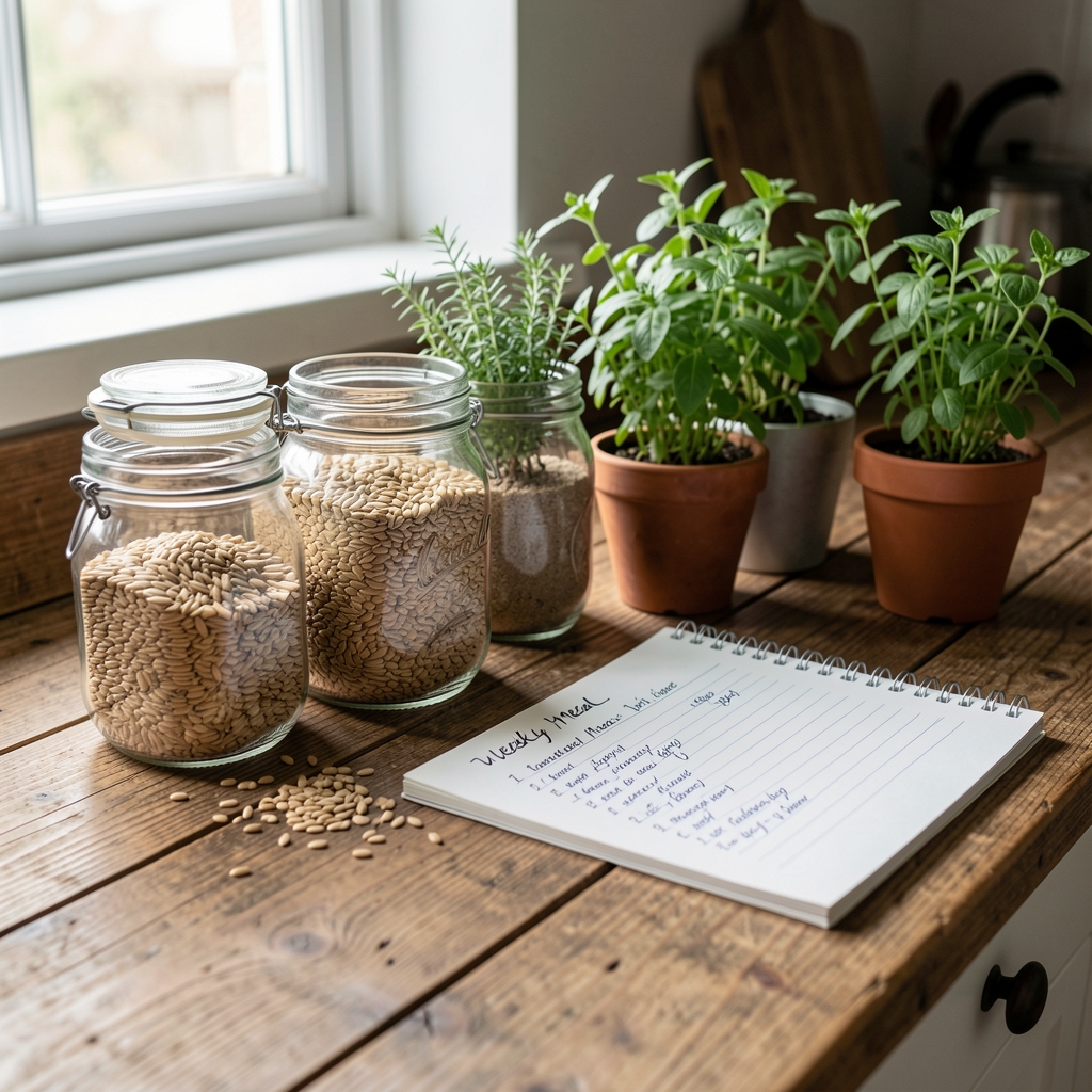 Rustic wooden kitchen counter with whole grains in open glass jars, fresh herbs in small pots, and a hand-written weekly meal plan notepad under diffused window light