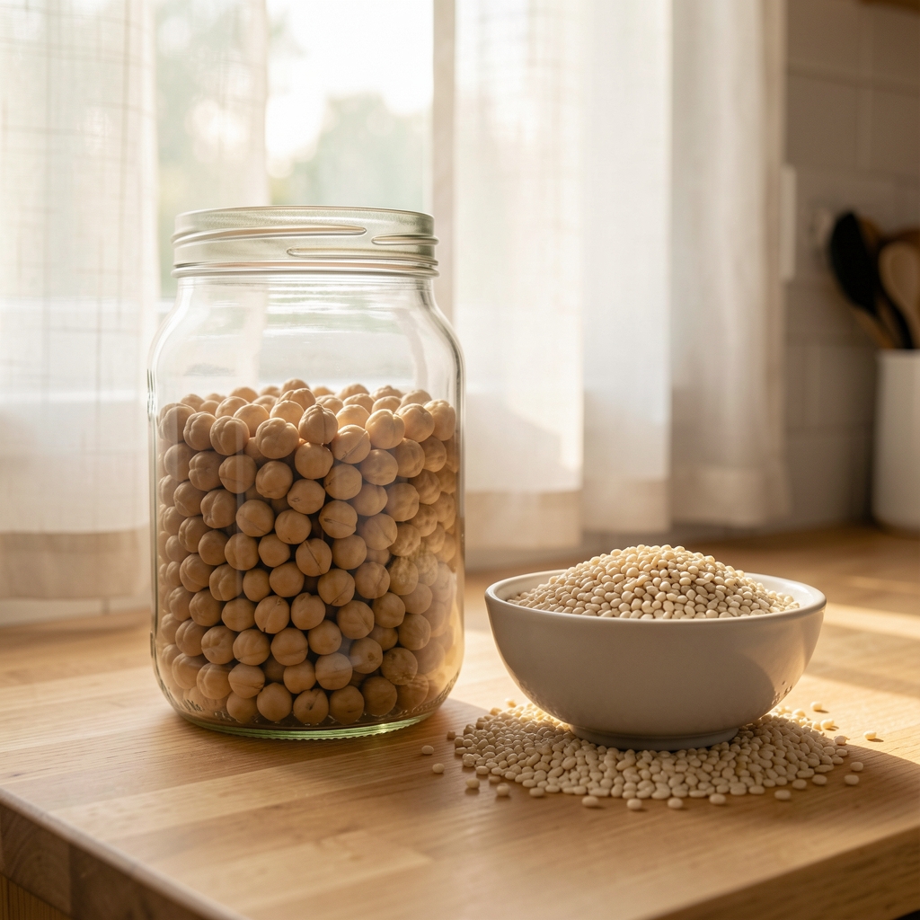 Glass jar of soaking dried chickpeas on a kitchen counter beside a small bowl of pearl barley, morning light through a curtained window, natural wooden surface