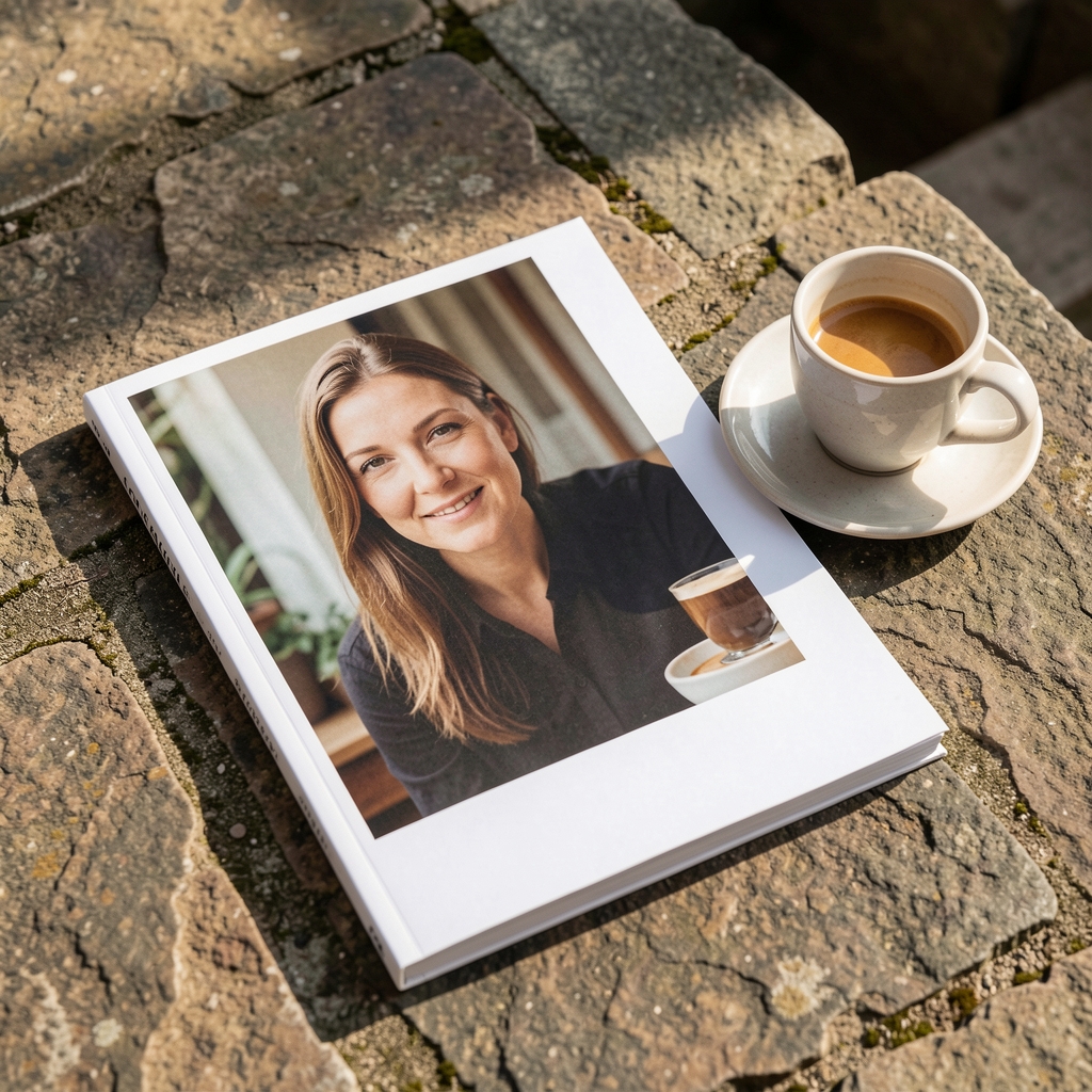 Otaleven Letters printed journal issue laid flat on a stone surface beside a ceramic espresso cup, morning light editorial still life
